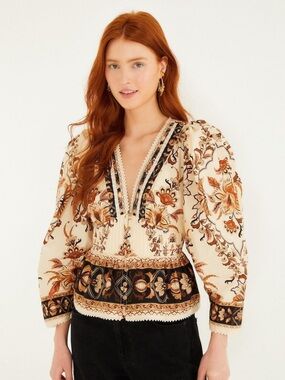 NWT Farm Rio Majestic Garden Sand Lace Puff Long Sleeve Cream Blouse Top S